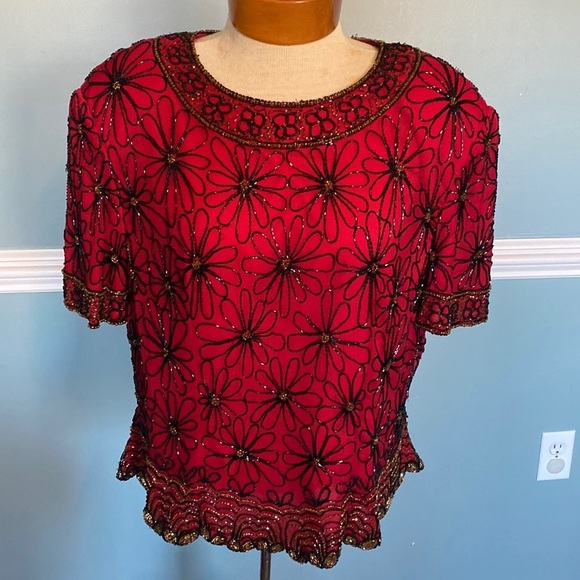 VTG Adrianna Papell Evening Essentials Beaded Top Size XL Floral Red Black Silk - Picture 1 of 11